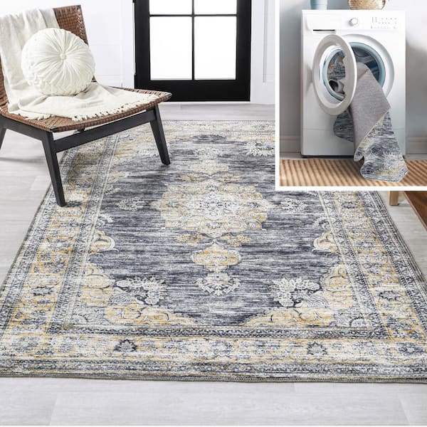JONATHAN Y Bausch Bohemian Distressed Chenille Machine-Washable Dark Gray/Yellow 4 ft. x 6 ft. Area Rug