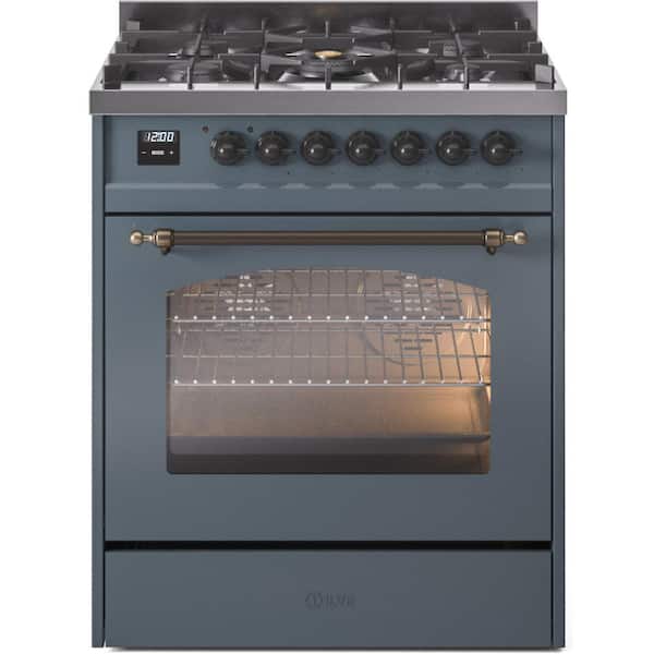 ILVE Nostalgie II 30 in. 5-Burner Freestanding Dual Fuel Range in Blue Grey with Bronze Trim