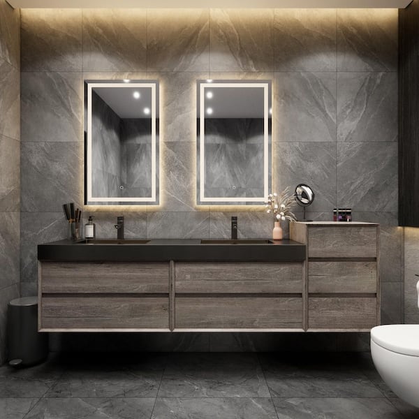 MIA 79 in. W x 20 in. D x 30 in. H Double Sink & Side Cabinet Bath Vanity in Gray Oak with Black Stainless Steel Top