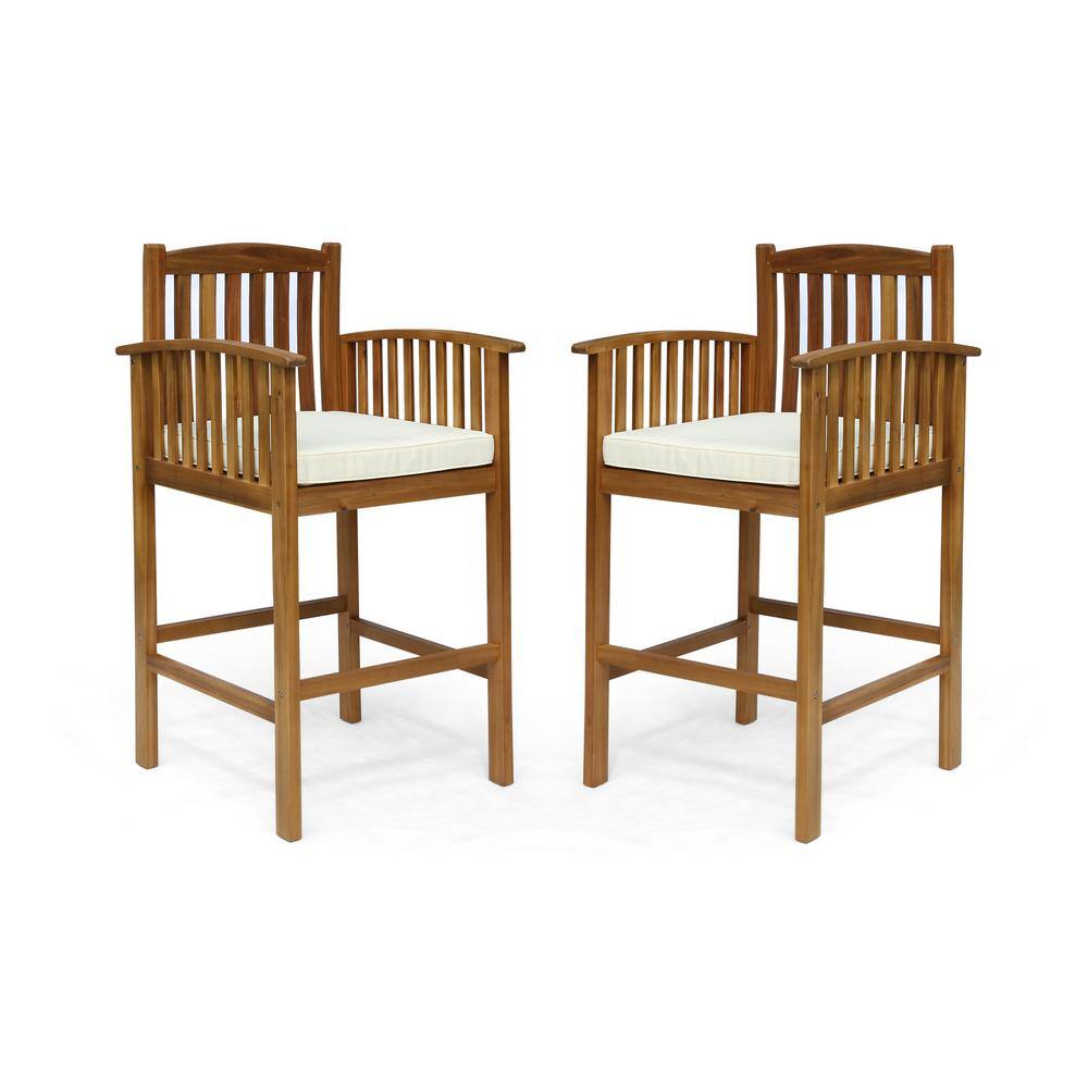Natural Acacia Wood Outdoor Barstools with Cream Cushions