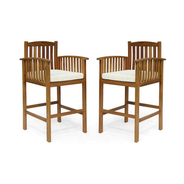 Casa Natural Wood Outdoor Patio Bar Stool with Cream Cushion (2-Pack)