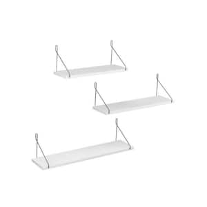 16 in. W x 6 in. D White 3-Piece Different Lengths Floating Decorative Wall Shelf with Silver Metal Bracket