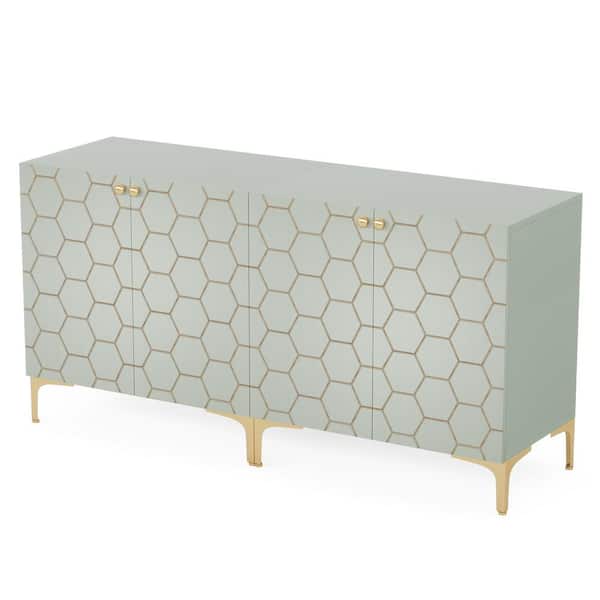 BYBLIGHT Ahlivia Brown Blue Wood 63 in. W Buffet Cabinet Sideboards, Accent Cabinet with 4-Doors and Storage Shelves