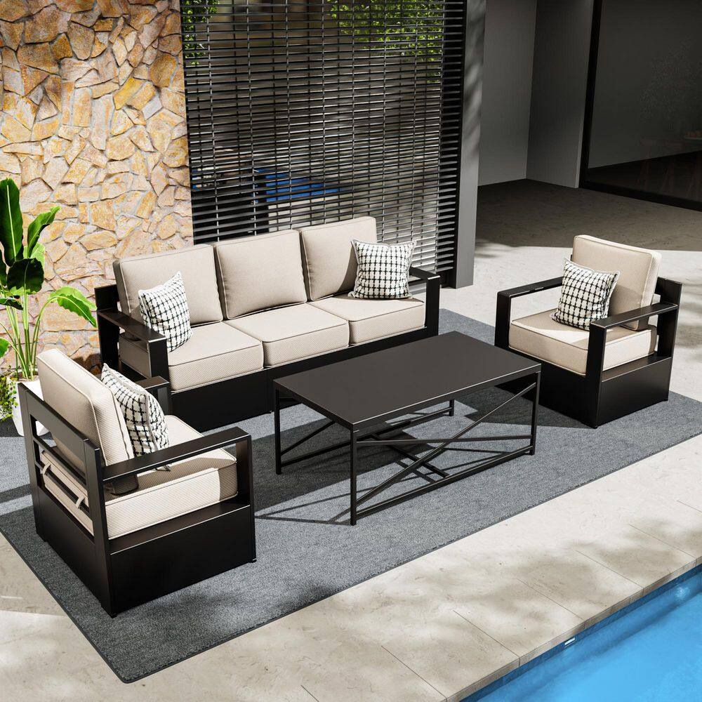 4-Piece Aluminum Patio Conversation Set with Outdoor Couch, Lounge Chair, Coffee Table and Thick Beige Cushions price history on PriceWatchPro