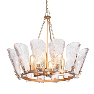 Modern 27 in. 6-Light Brass Gold Candlestick Chandelier for Living Room with Textured Glass Shade Island Pendant