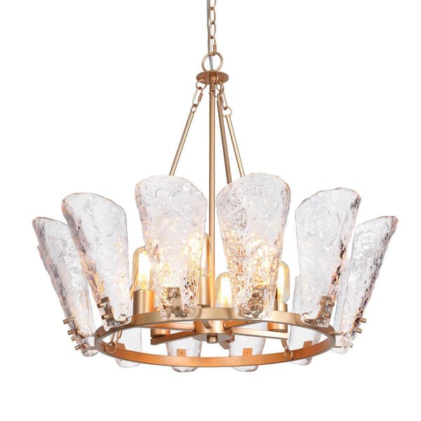LNC Modern 27 in. 6-Light Brass Gold Candlestick Chandelier for Living Room with Textured Glass Shade Island Pendant