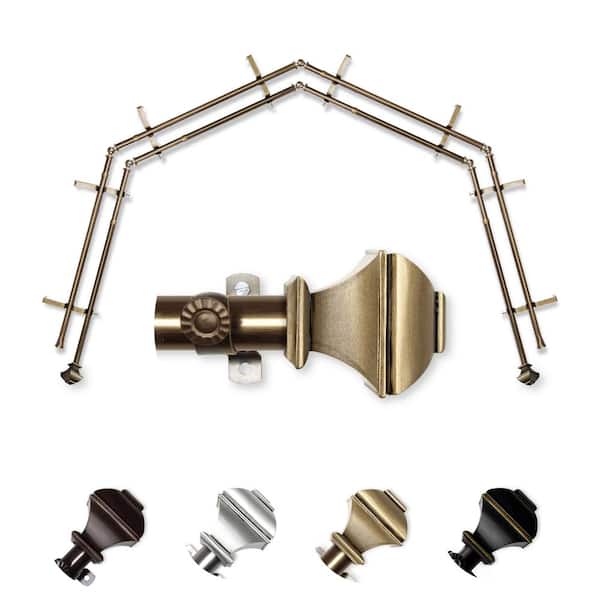 EMOH 13/16" Dia Adjustable 4-Sided Double Bay Window Curtain Rod 28 to 48" (each side) with Julianne Finials in Antique Brass