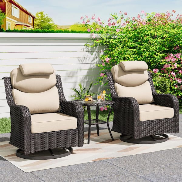 Smiley 3-Piece Brown Wicker Outdoor Rocking Chairs Patio Conversation Set with Headrest, Beige Cushions and Side Table