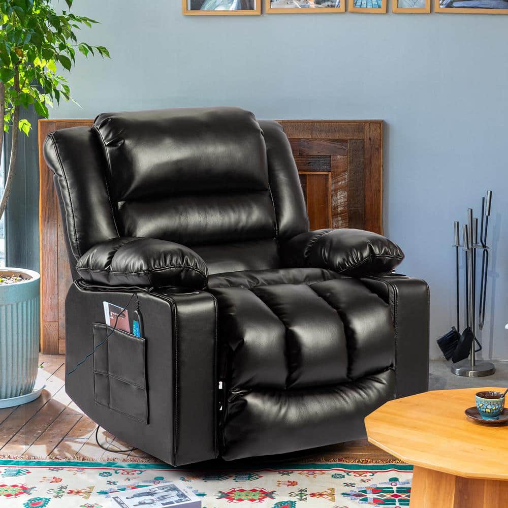 Black Faux Leather Manual Swivel Recliner Massage Chair with 8Points Massage Lumbar Heating 5
