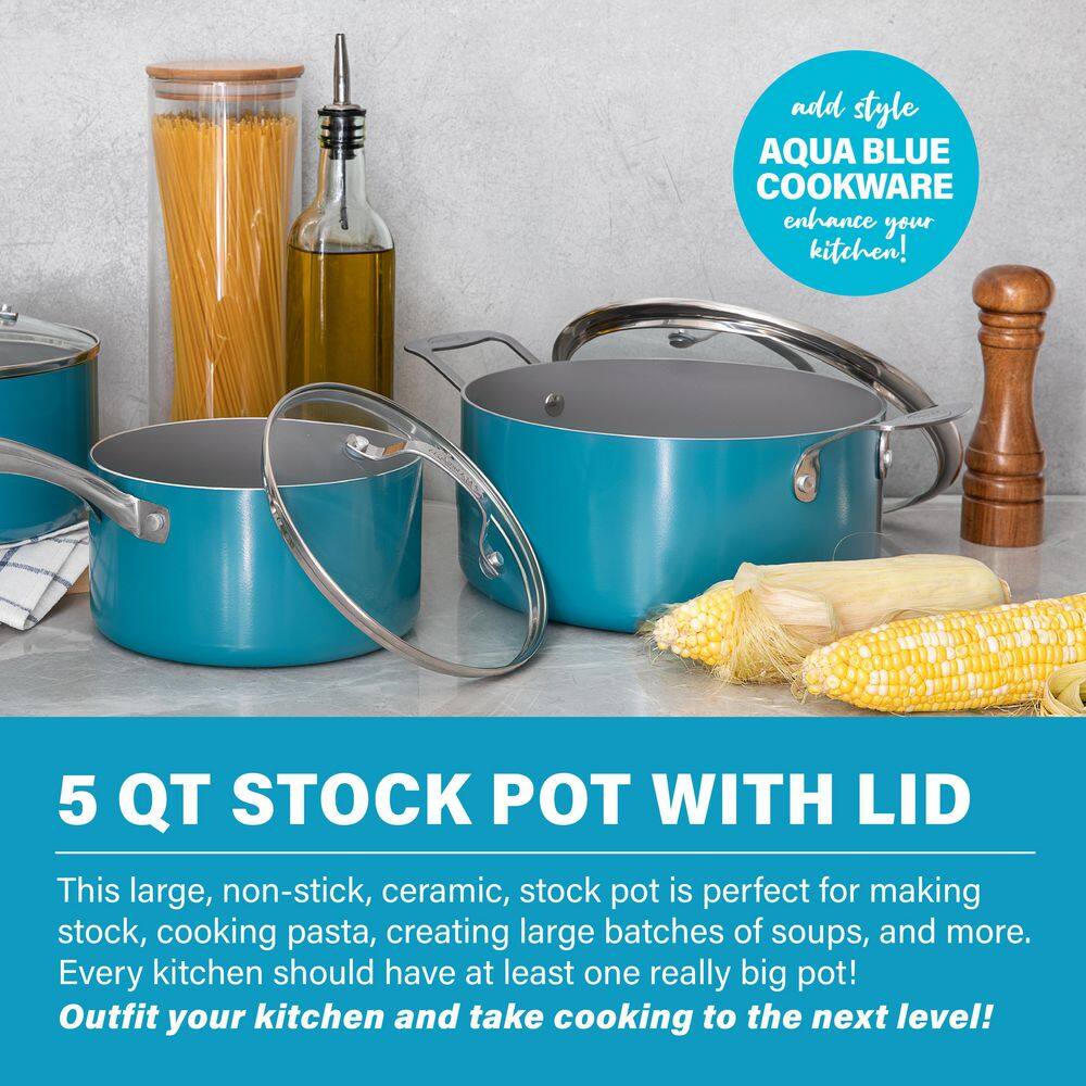 Aqua Blue Aluminum 5 QT Nonstick Stock Pot with Glass Lid
