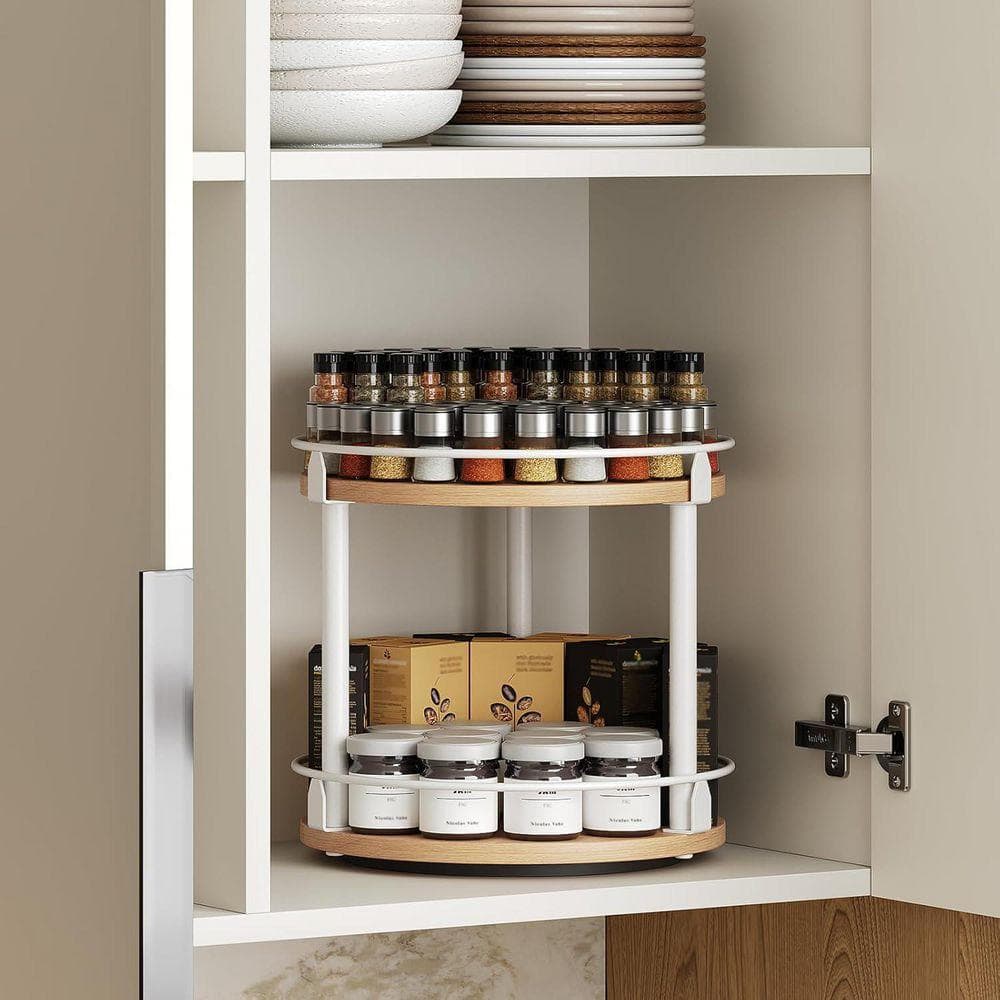 Whatseaso 10.2 in. 2 Tier Wood Rotating Spice Rack in White and