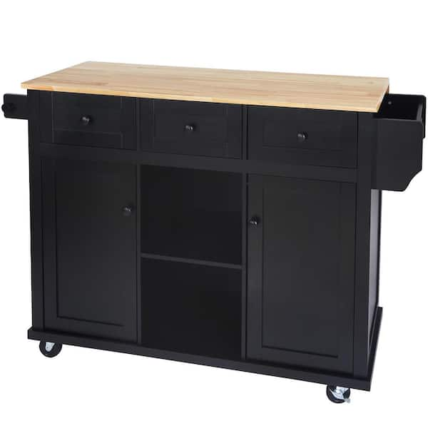 Black Rubber Wood 53.10 in .W Kitchen Island with 5 Wheels Storage ...