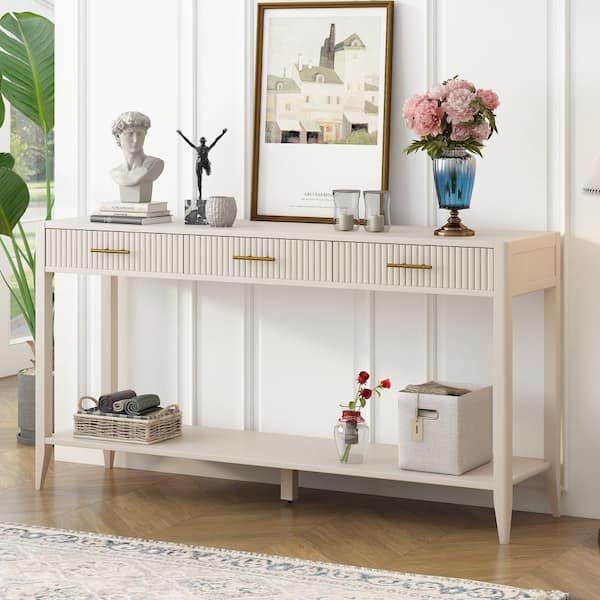 Harper & Bright Designs 60 in. White Rectangle Wood Console Table with Open Shelf, 3 Vertical Stripe Drawers and Gold Metal Handles