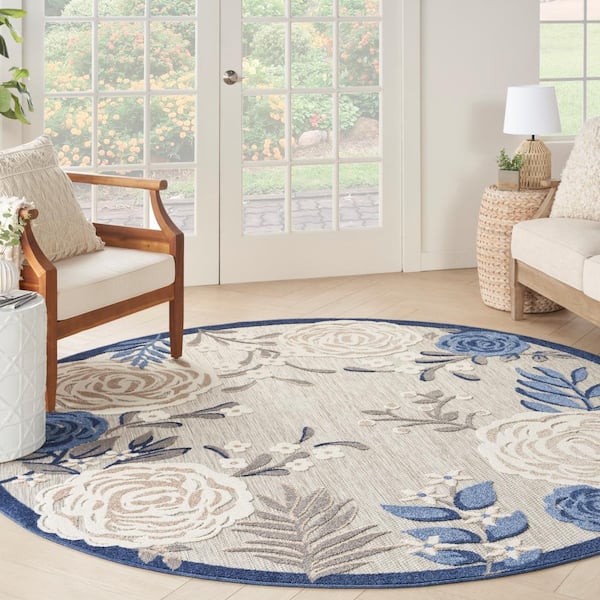 Aloha Blue Grey 8 ft. Round Floral Border Contemporary Indoor/Outdoor Patio Area Rug