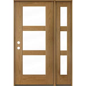 BRIGHTON Modern 50 in. x 80 in. 3-Lite Right-Hand/Inswing Clear Glass Bourbon Stain Fiberglass Prehung Front Door w/RSL