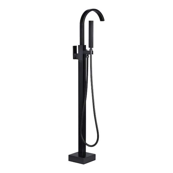 Single-Handle Floor Mount Freestanding Tub Faucet with Hand Shower and Swivel Gooseneck Waterfall Spout in Bronze