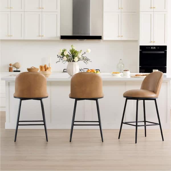 Spruce & Spring Nico Brown Faux Leather 360° swivel Counter Height Bar Stool with Metal Frame and footrest for diningroom (Set of 3)