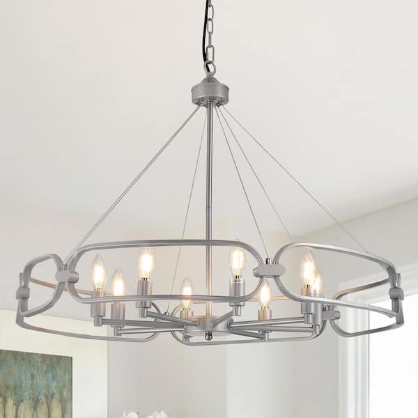 60 -Watt 8 Pendant Light Living Room Dimmable Candle Style Wagon Wheel Chandelier in Silver, No Bulbs Included