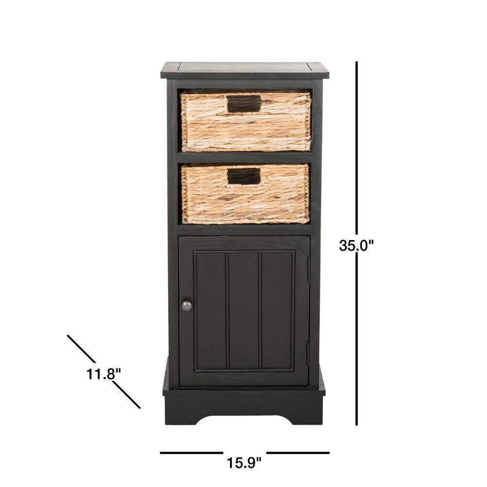 Distressed Black Pine Wood Accent Cabinet with Wicker Baskets