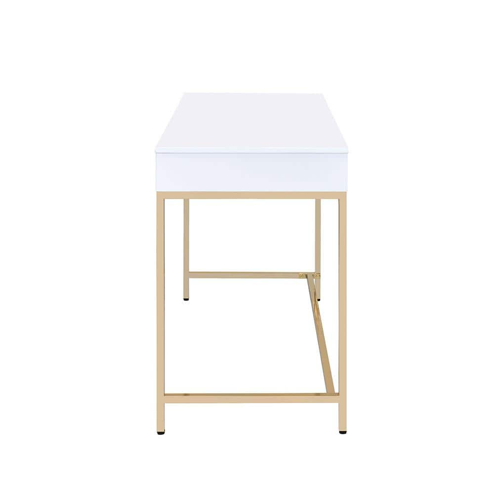 Contemporary White High Gloss 52" Office Desk with Gold Accents