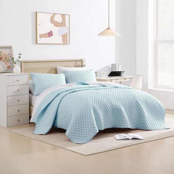 All-Season 3-Piece Baby Blue Solid Color Debossed Flower Microfiber Full/Queen Quilt Set