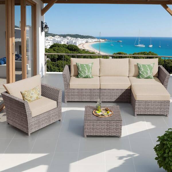 Gray 6-Piece Wicker Outdoor Patio Conversation Seating Set with Beige Cushions, Coffee Table and Ottoman for Backyard