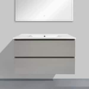 36 in. W x 18 in. D x 23 in. H Wall-mounted Bath Vanity in Ash Gray with White Ceramic Top