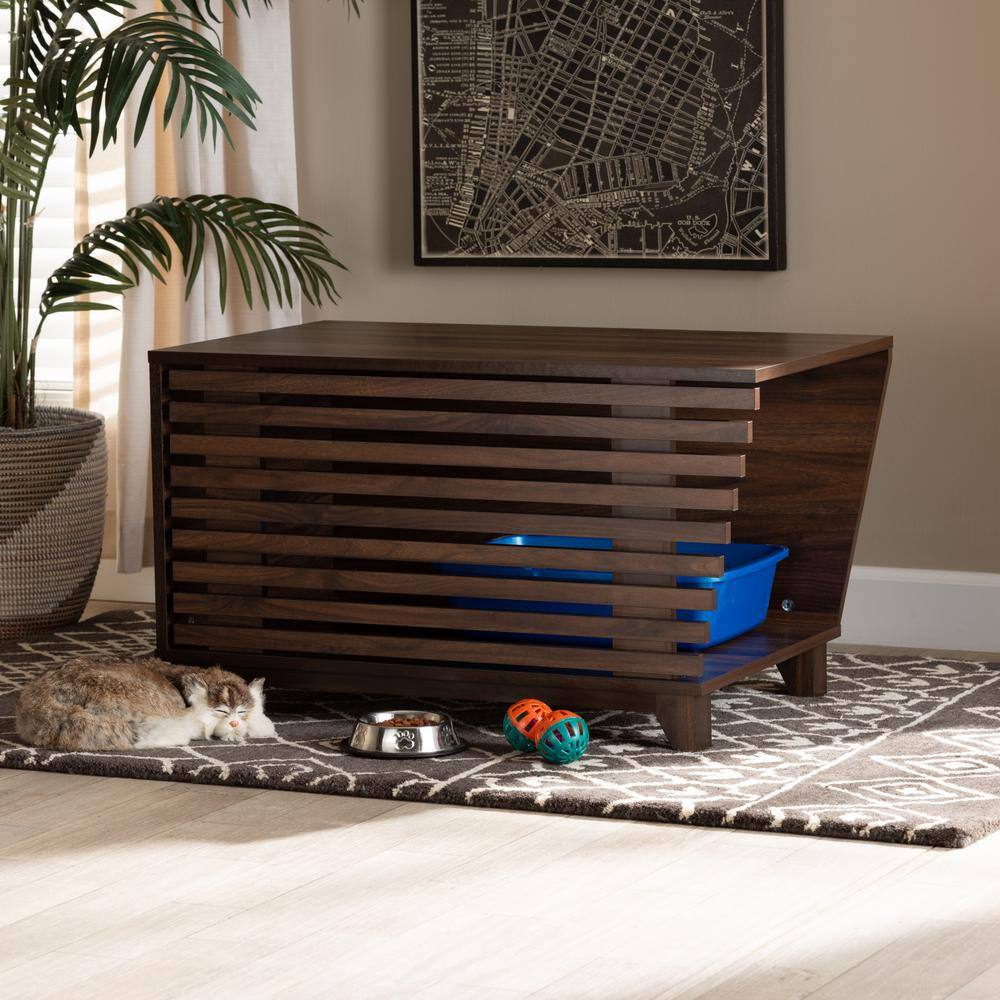 Walnut Brown Finished Wood Modern Cat Litter Box Cover House