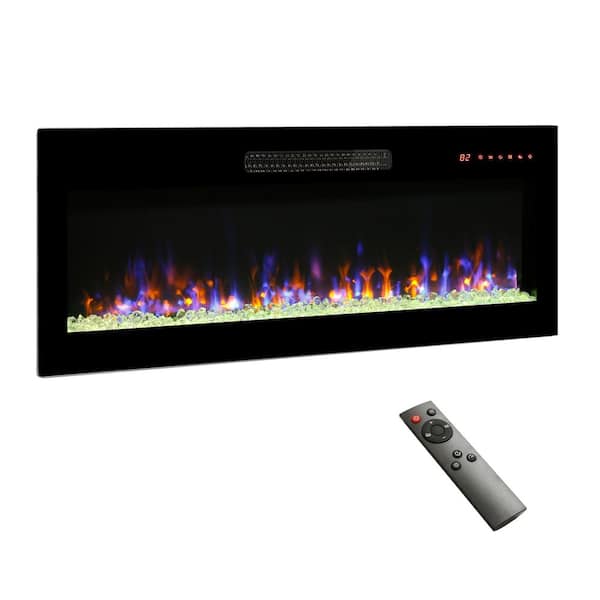 42 in. Wall Mount/Recessed LED Electric Fireplace with Multi-Color Flame, Temperature Adjustment in Black