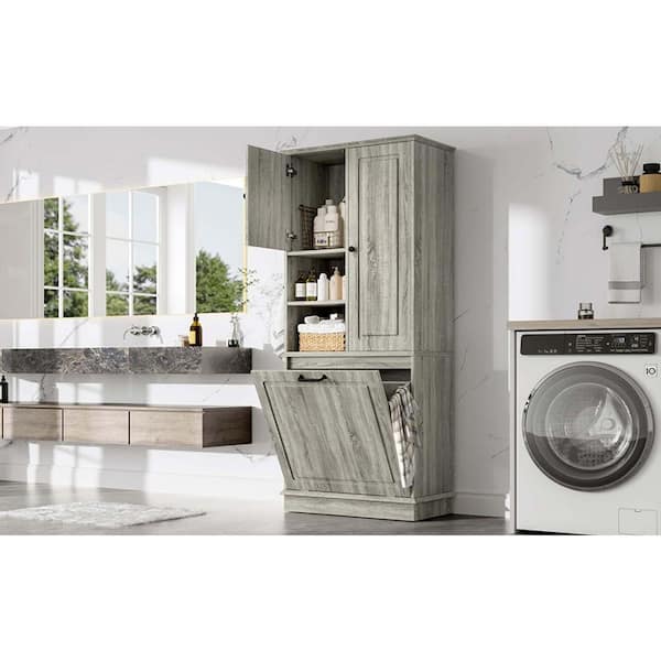 XUJMK 30 in. W x 14 in. D x 68 in. H Gray Linen Cabinet, Bathroom
