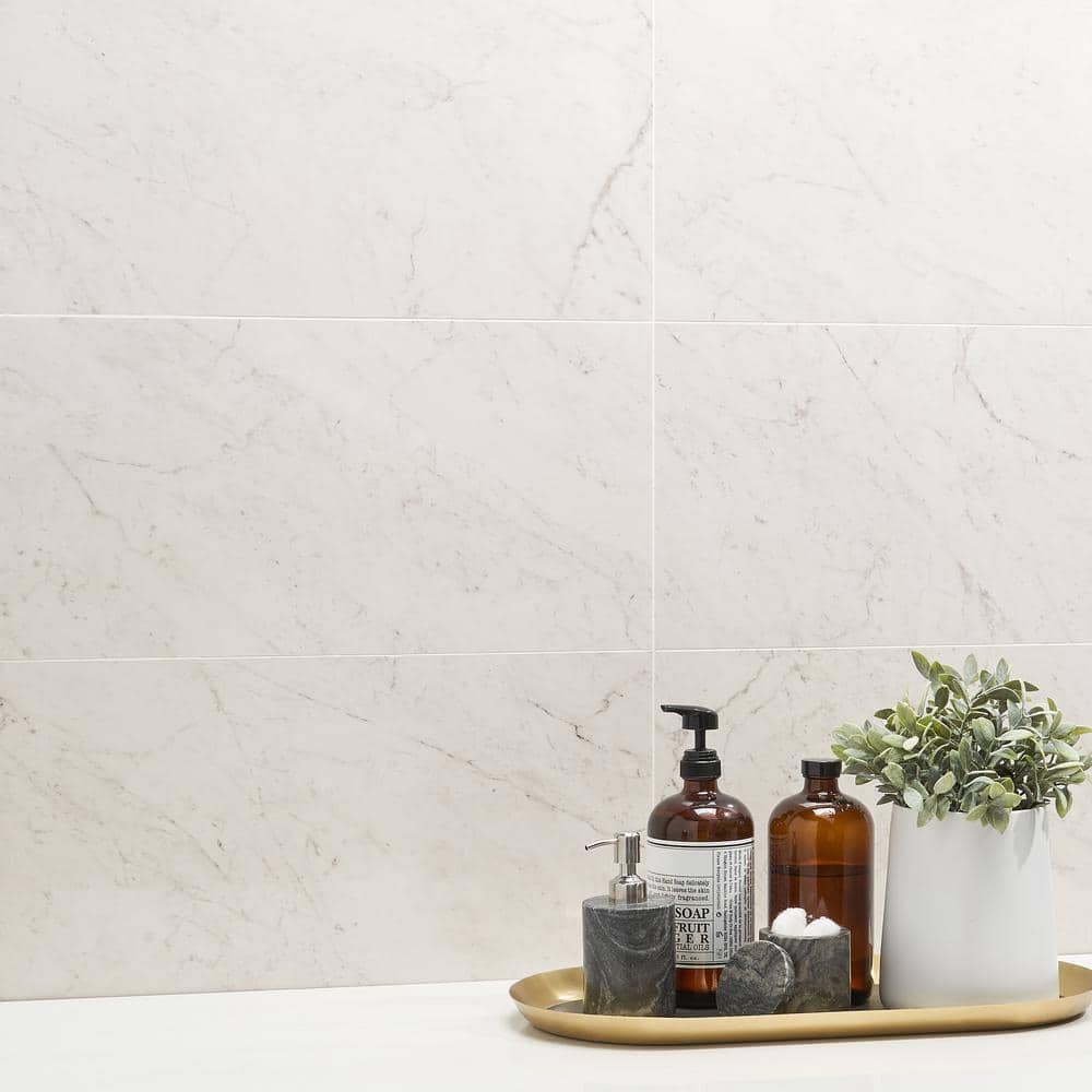 Saroshi Carrara Giola 12" x 24" Polished Marble Look Porcelain Tile