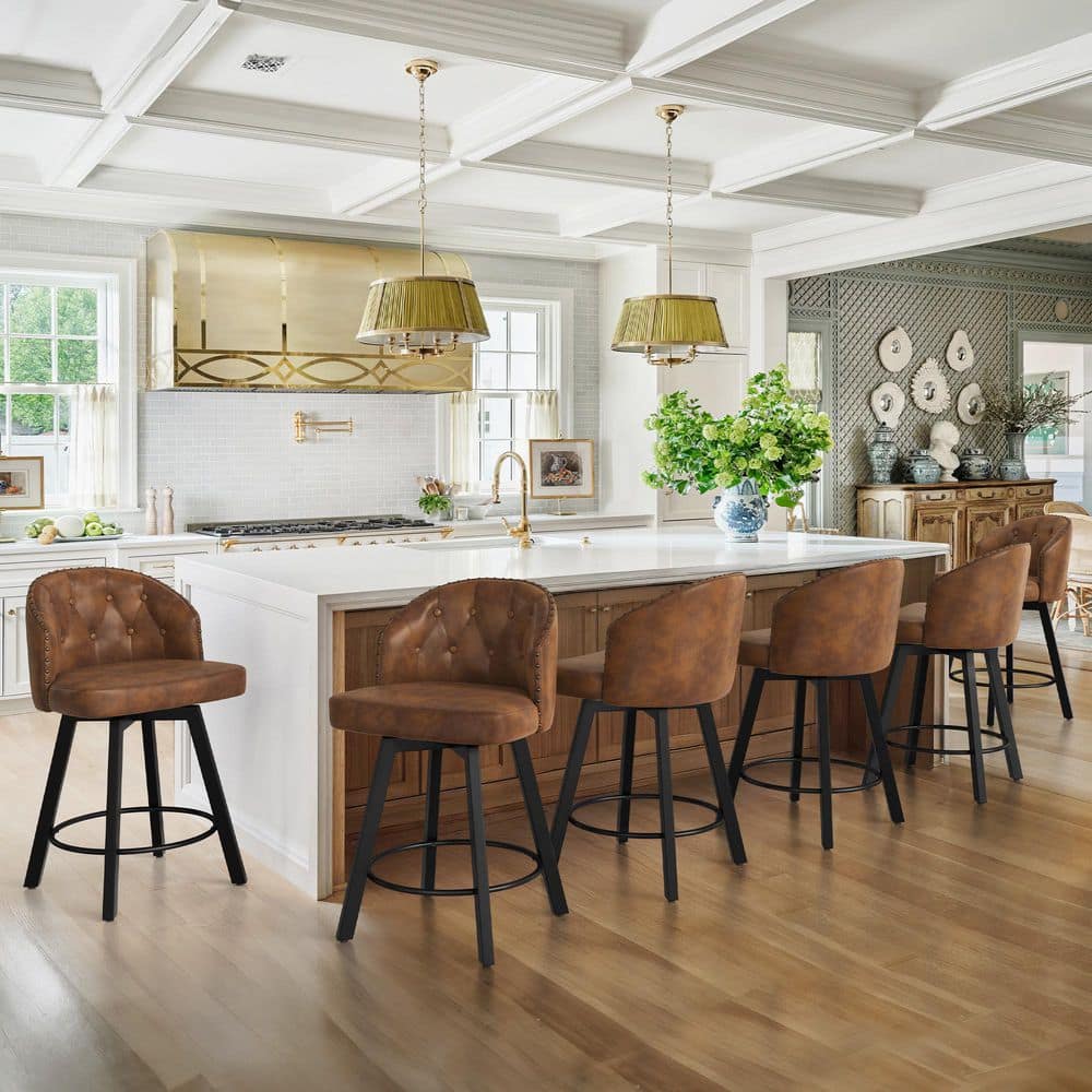 26in. Brown Faux Leather Upholstered Metal Frame Counter Height Swivel Bar Stools With Bronze Rivets (Set of 6)