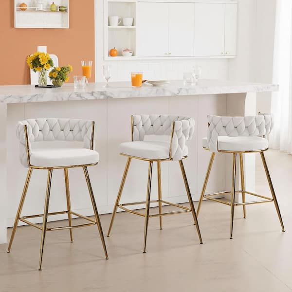 26 in. Braided Bar Stools Set - Counter Height Kitchen Island Stools with Back Support, Metal White Bar Chairs Set of 6