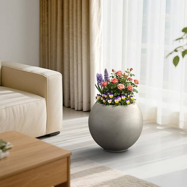 19.5in. Large Concrete Round Planter / Pot with Enhanced Interior with drainage holes Indoor Outdoor Pot, Stone Gray