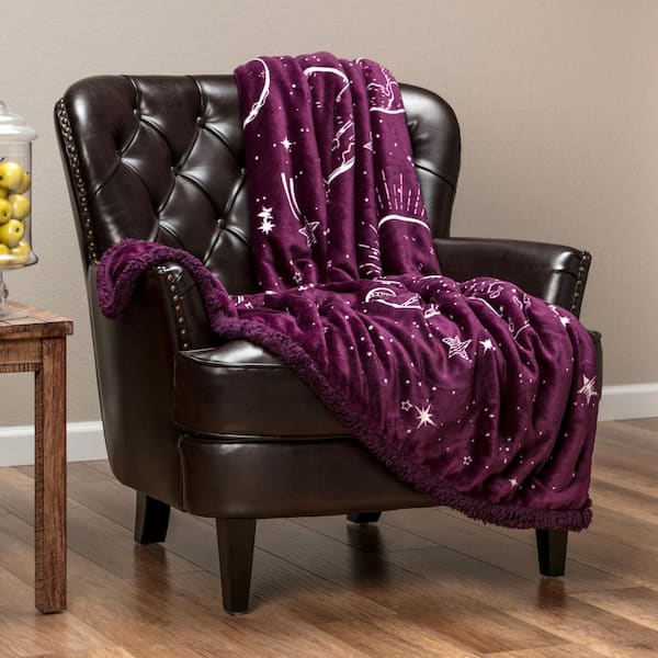 CHANASYA Solar System Aubergine Galaxy Star Space Print Polyester Reversible Sherpa Gift Throw Blanket - 50 in. x 65 in.