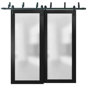 Planum 48 in. x 80 in. Full Lite Frosted Glass Black Finished Solid Pine Wood Sliding Barn Door with Hardware Kit