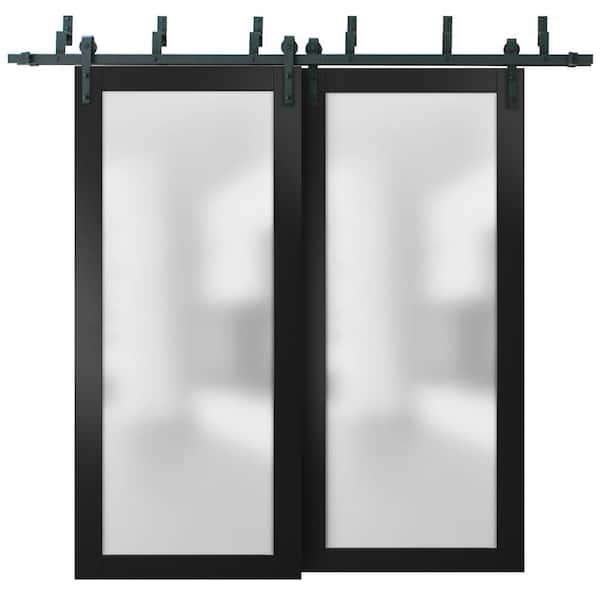 Planum 60 in. x 84 in. Full Lite Frosted Glass Black Finished Solid Pine Wood Sliding Barn Door with Hardware Kit