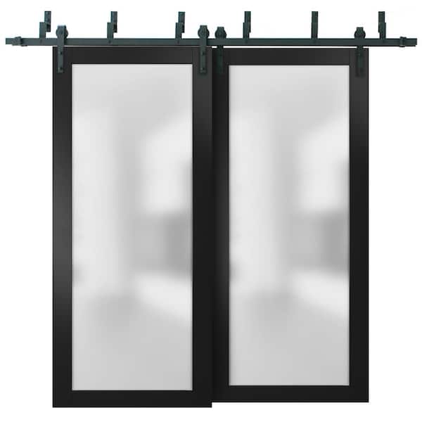 Sartodoors 64 in. x 80 in. Full Lite Frosted Glass Black Finished Solid Pine Wood Sliding Barn Door with Hardware Kit