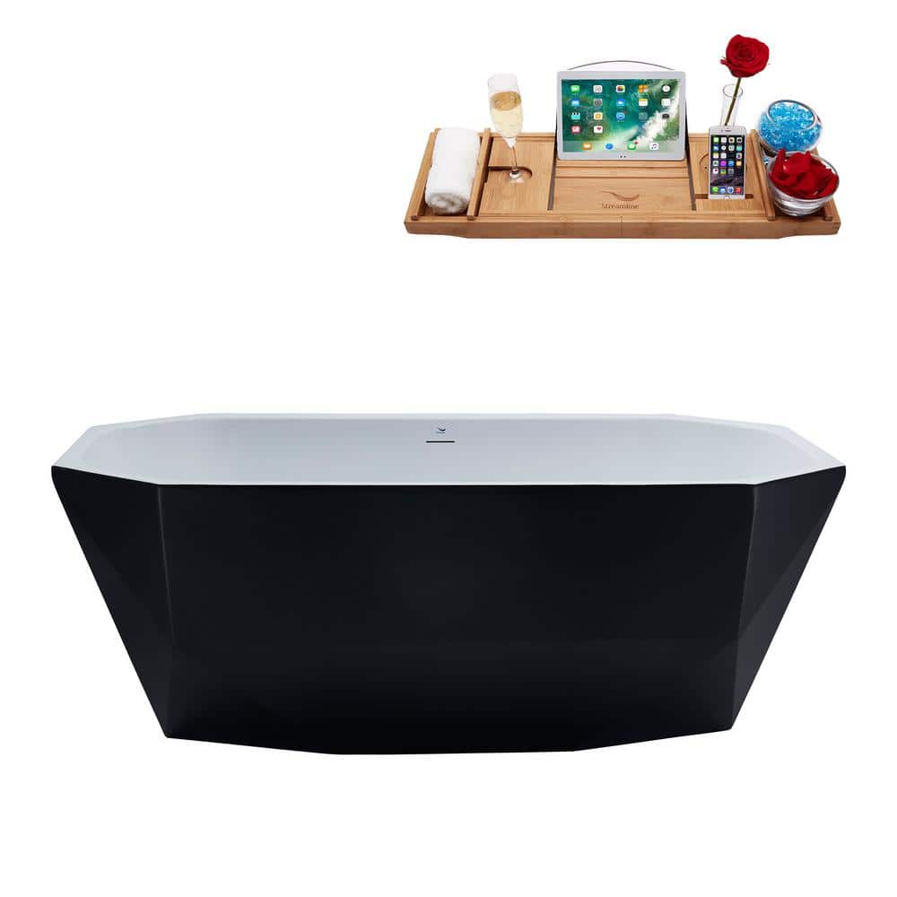 63'' Matte Black Acrylic Freestanding Soaking Bathtub with Polished Brass Trim