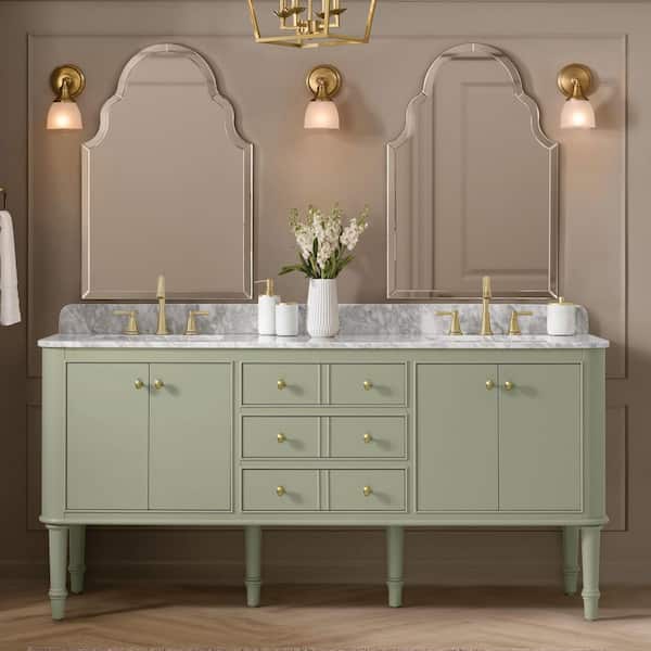 Collette 72 in. Double Sink Freestanding Bathroom Vanity in Moss Green with White Carrara Marble Top (Assembled)
