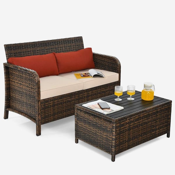 Alpulon Brown Wicker Outdoor Patio Sofa Sectional Set with Coffee Table and Beige Cushions