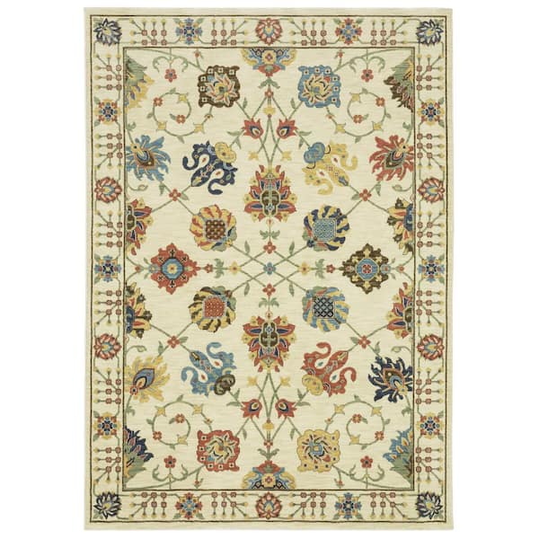 AVERLEY HOME Fleetwood Ivory/Multi-Colored 8 ft. x 11 ft. Oriental Floral Polypropylene Fringe Edge Indoor Area Rug