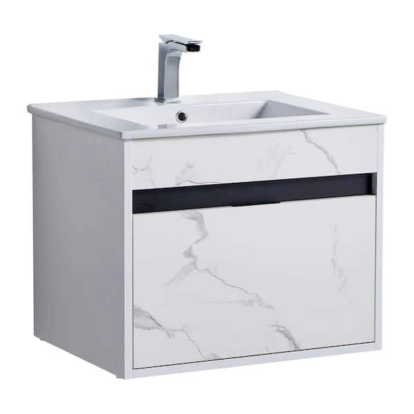 Alpine 24 in. W x 18.11 in. D x 19.75 in. H Bathroom Vanity Side Cabinet in White Marble with White Ceramic Top