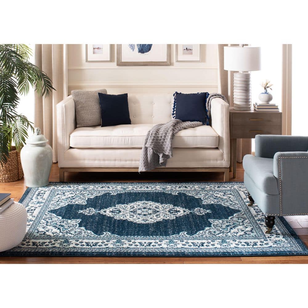 Navy and Cream Floral Motif Medium Pile Area Rug