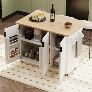 Fluted White Ash Kitchen Cart with Drop-Leaf, Internal Storage Rack, Towel Rack