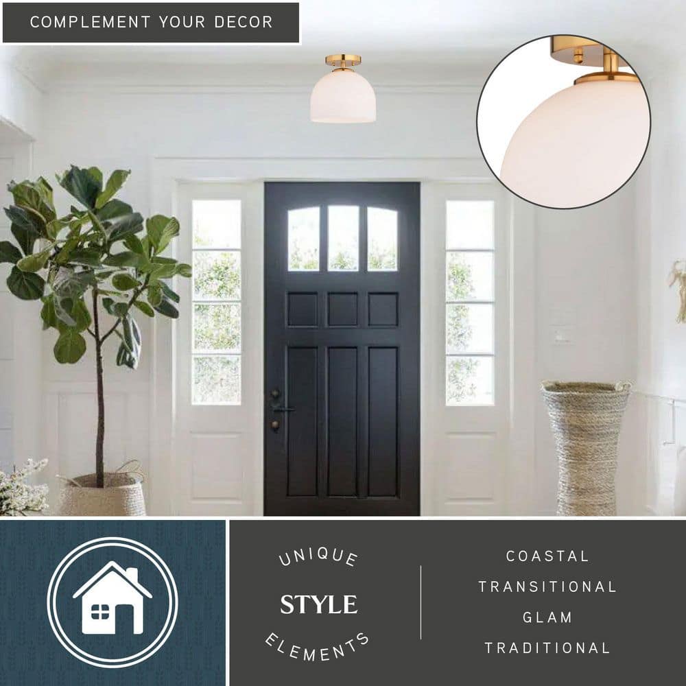 Shelby 9.25-Inch Brass and White Glass Semi-Flush Mount Light