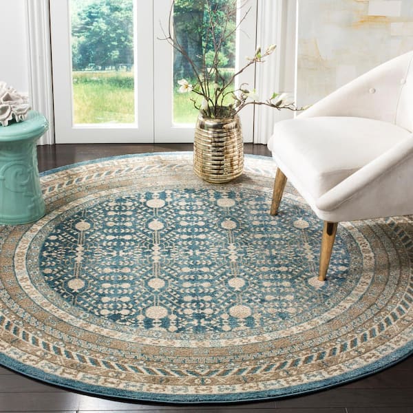 Sofia Blue/Beige 7 ft. x 7 ft. Round Border Geometric Area Rug