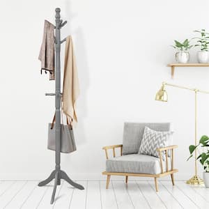 Grey Free Standing Coat Rack Wooden Hall Tree 2-Adjustable Height with 9-Hooks