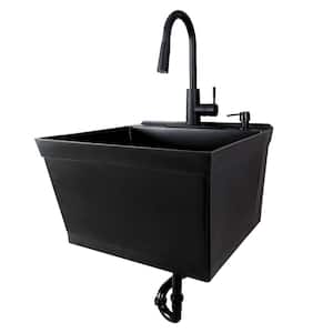 23.5 in. x 22.88 in. Black Thermoplastic Wall Mounted Utility Sink with Matte Black Finish Pull-down Sprayer Faucet