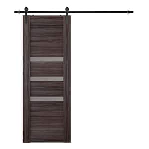 Dora 28 in. x 80 in. x 1-9/16 in. 3-Lite Frosted Glass Gray Oak Composite Core Wood Sliding Barn Door with Hardware Kit